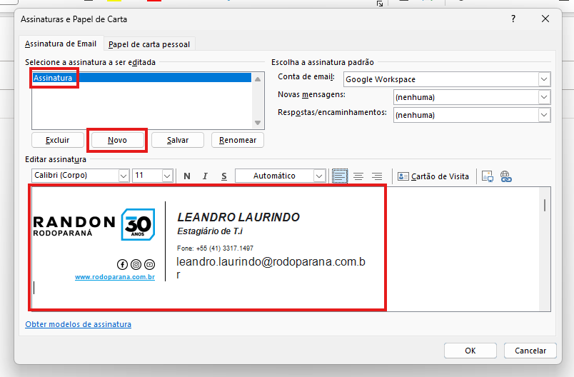 Configuração de Assinatura no Outlook - Passo 2